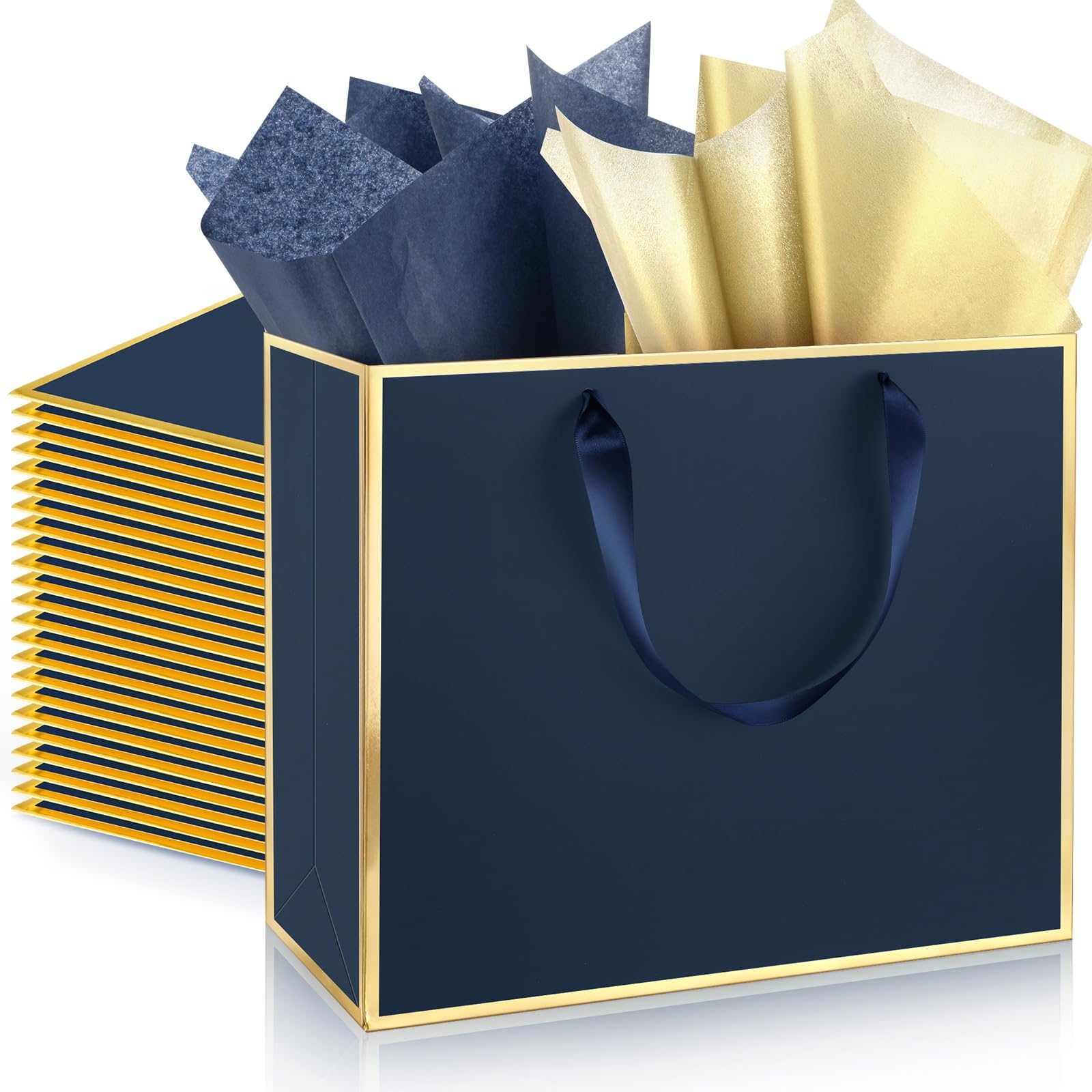 ReliThick 12 Pack Metallic Paper Gift Bag with Handles and Tissue Paper 11.8 x 10 x 4'' Thank You Favor Bag for Fall Party Thanksgiving Day Christmas Birthday Wedding Bridesmaid(Navy Blue, Gold)