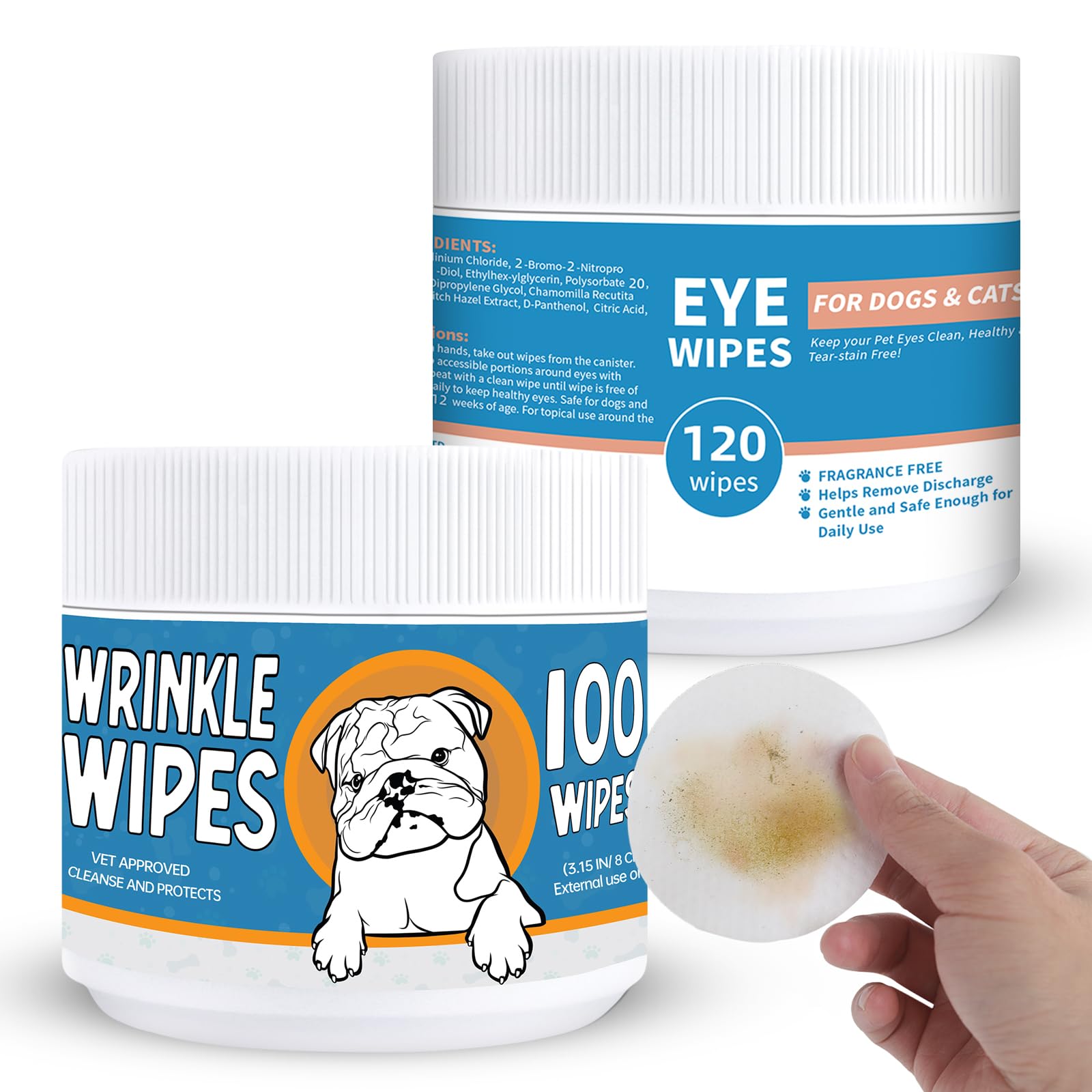 Eye Wipes (120Wipes) + Wrinkle Wipes for Bulldogs(100Wipes) - Clean Wrinkles, Tear Stains, Tail Pockets and Paws