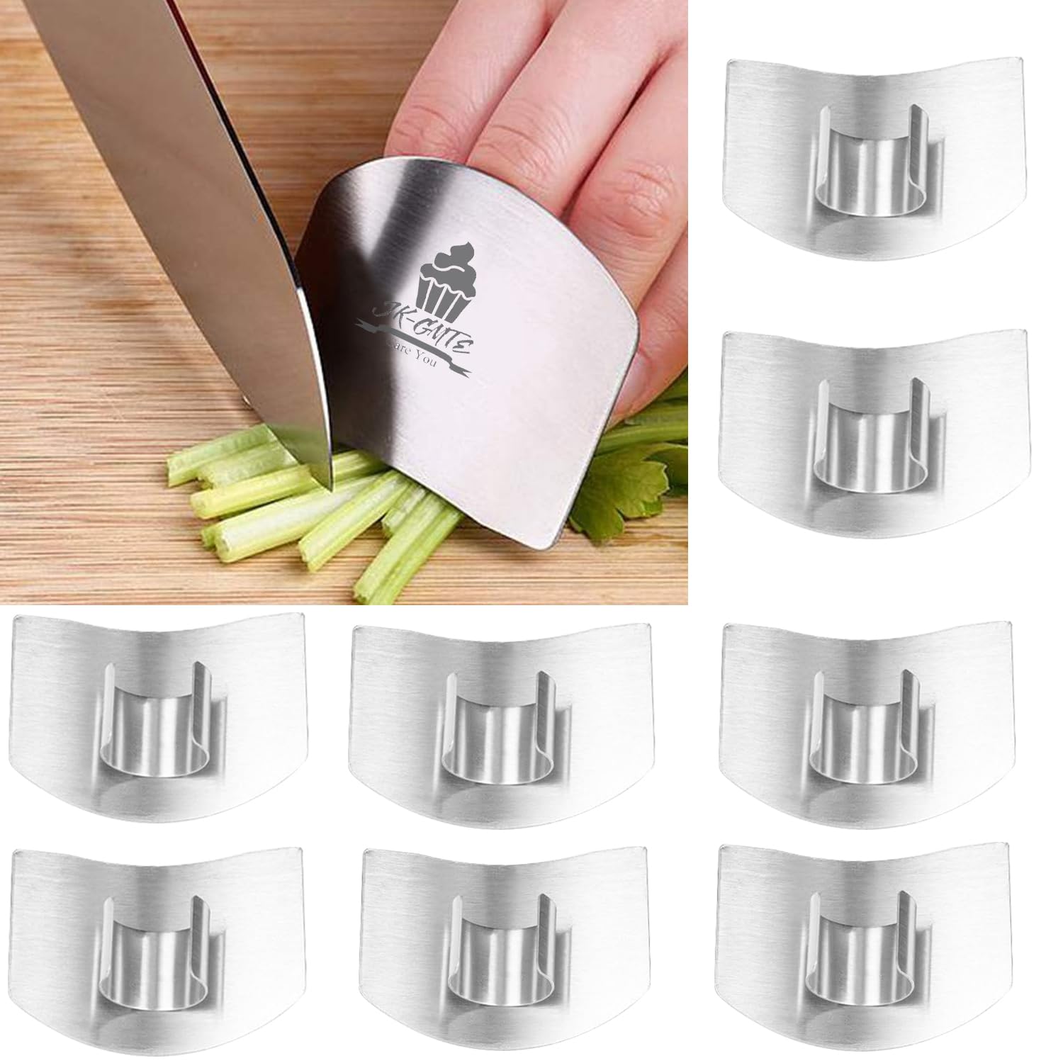 JK-GMTE 8 Pieces Finger Guards for Cutting, Stainless Steel Knife Cutting Finger Protectors Adjustable Safe Slice Hand Guard Protect Fingers for Food Chopping Slicing Cutting (Silver)