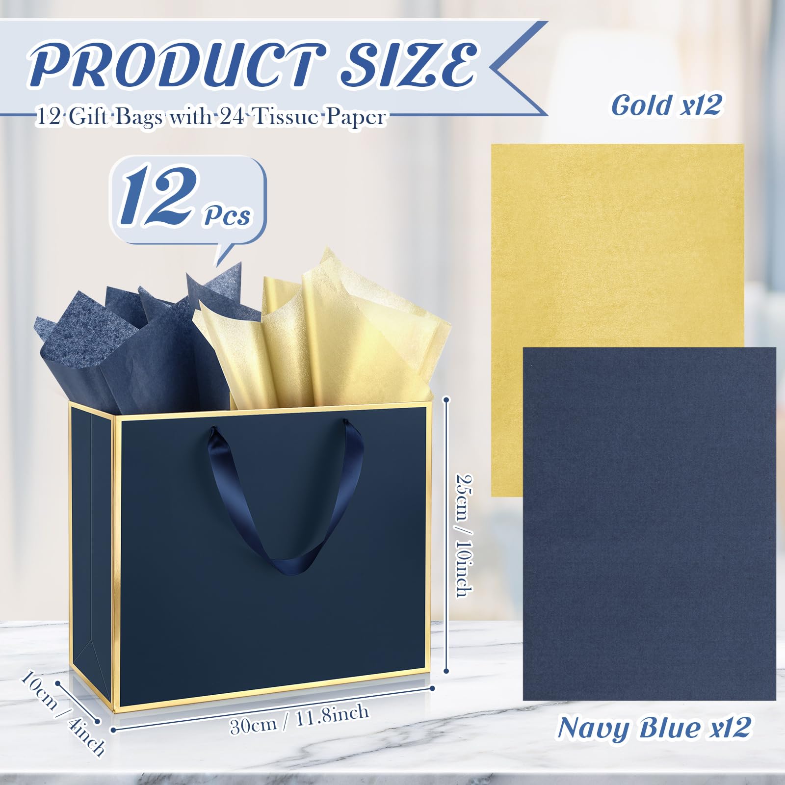 ReliThick 12 Pack Metallic Paper Gift Bag with Handles and Tissue Paper 11.8 x 10 x 4'' Thank You Favor Bag for Fall Party Thanksgiving Day Christmas Birthday Wedding Bridesmaid(Navy Blue, Gold)