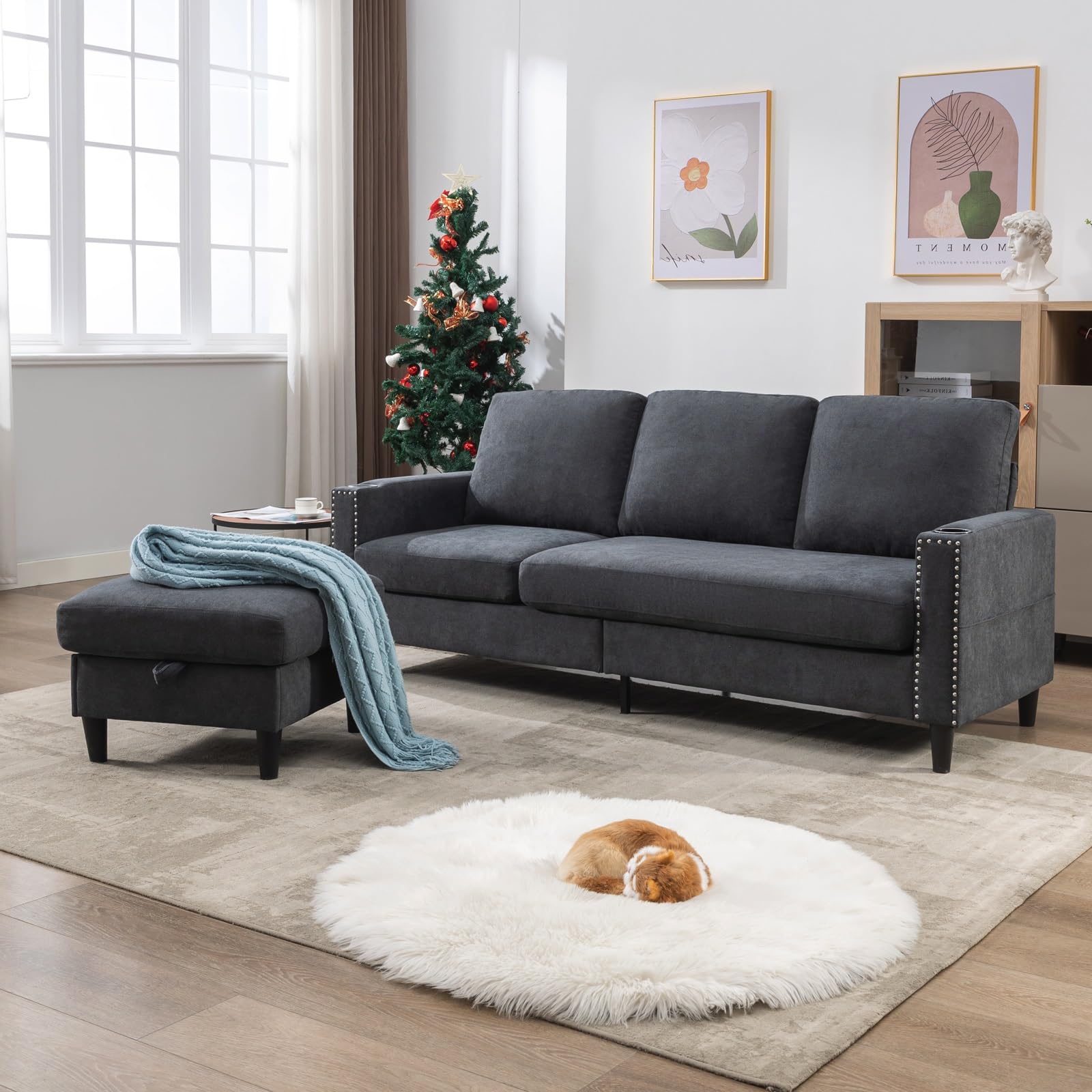 Siiejia Convertible Sectional Couches for Living Room, L-Shaped Couch 3 Seats Sofas with Storage Chaise & 2 Cup Holders, Small Sofa for Apartment, Compact Spaces, Dark Grey