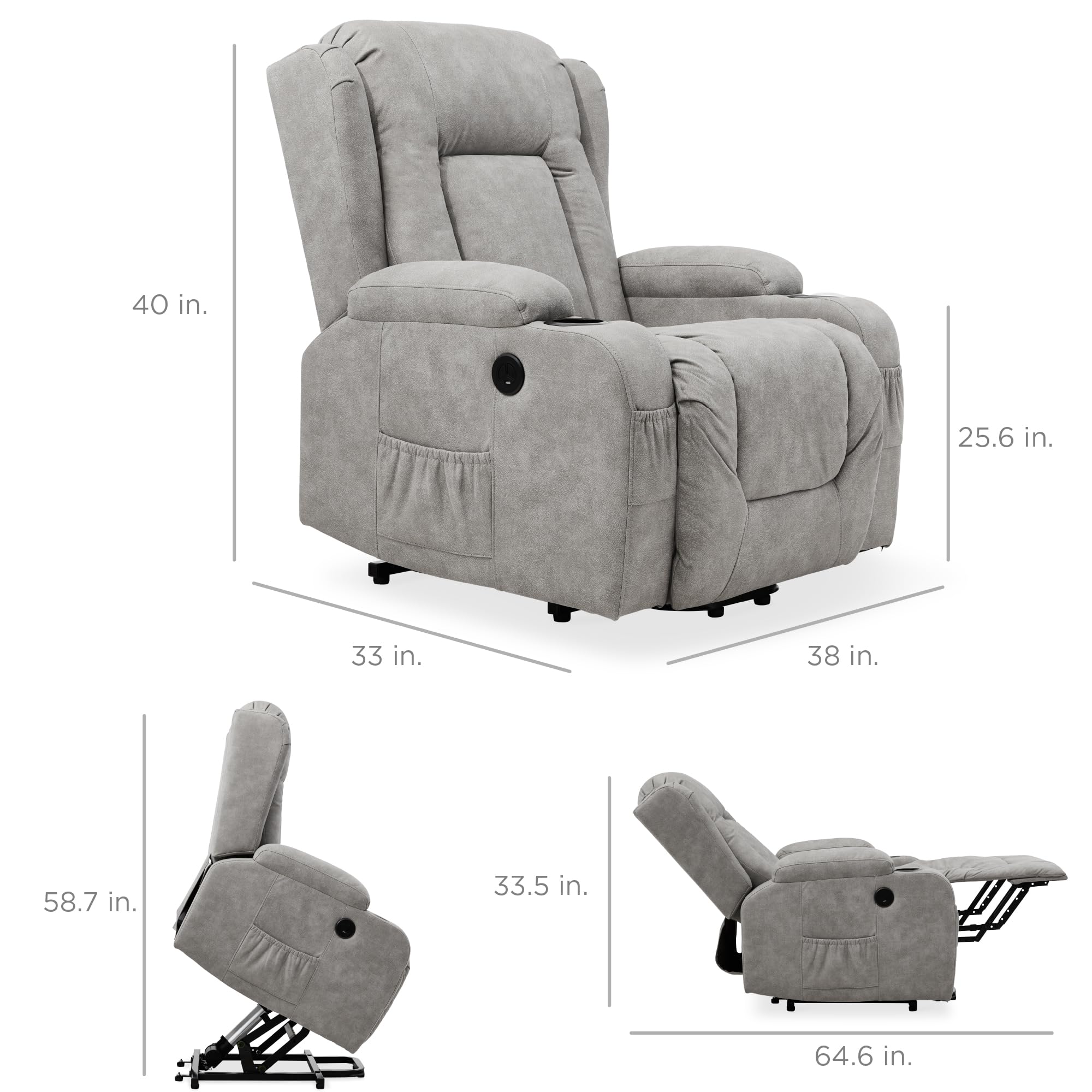 Best Choice Products PU Leather Electric Power Lift Chair, Recliner Massage Chair, Adjustable Furniture for Back, Legs w/ 3 Positions, USB Port, Heat, Cupholders, Easy-to-Reach Side Button - Gray