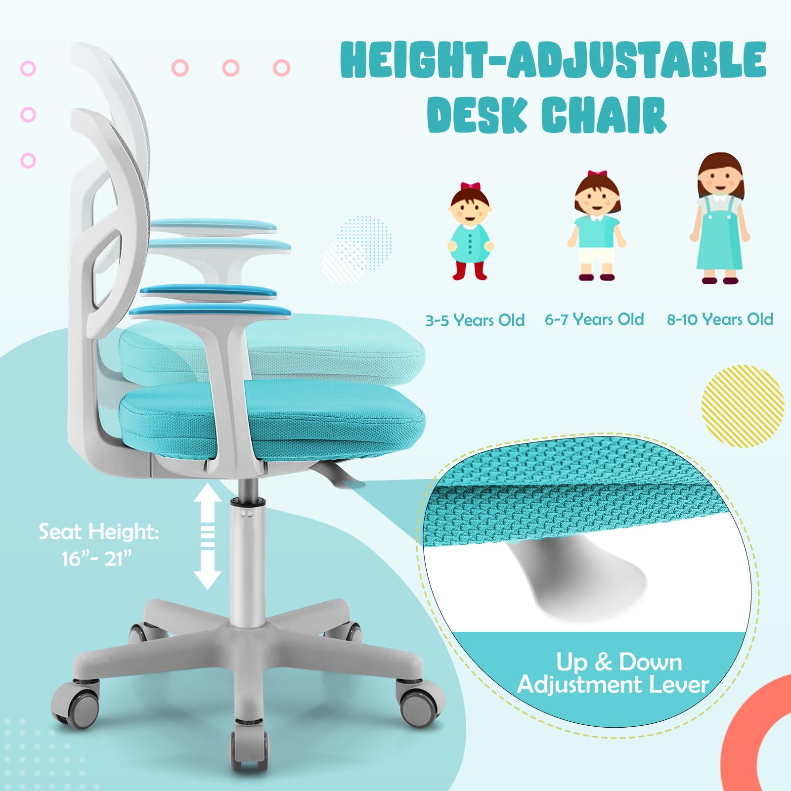 HOMGX Kids Desk Chair, Ergonomic Kids Swivel Study Chair with Lumbar Support, Breathable Mesh & Universal Wheels, Height Adjustable Kids Computer Chair for Boys & Girls (Cyan)