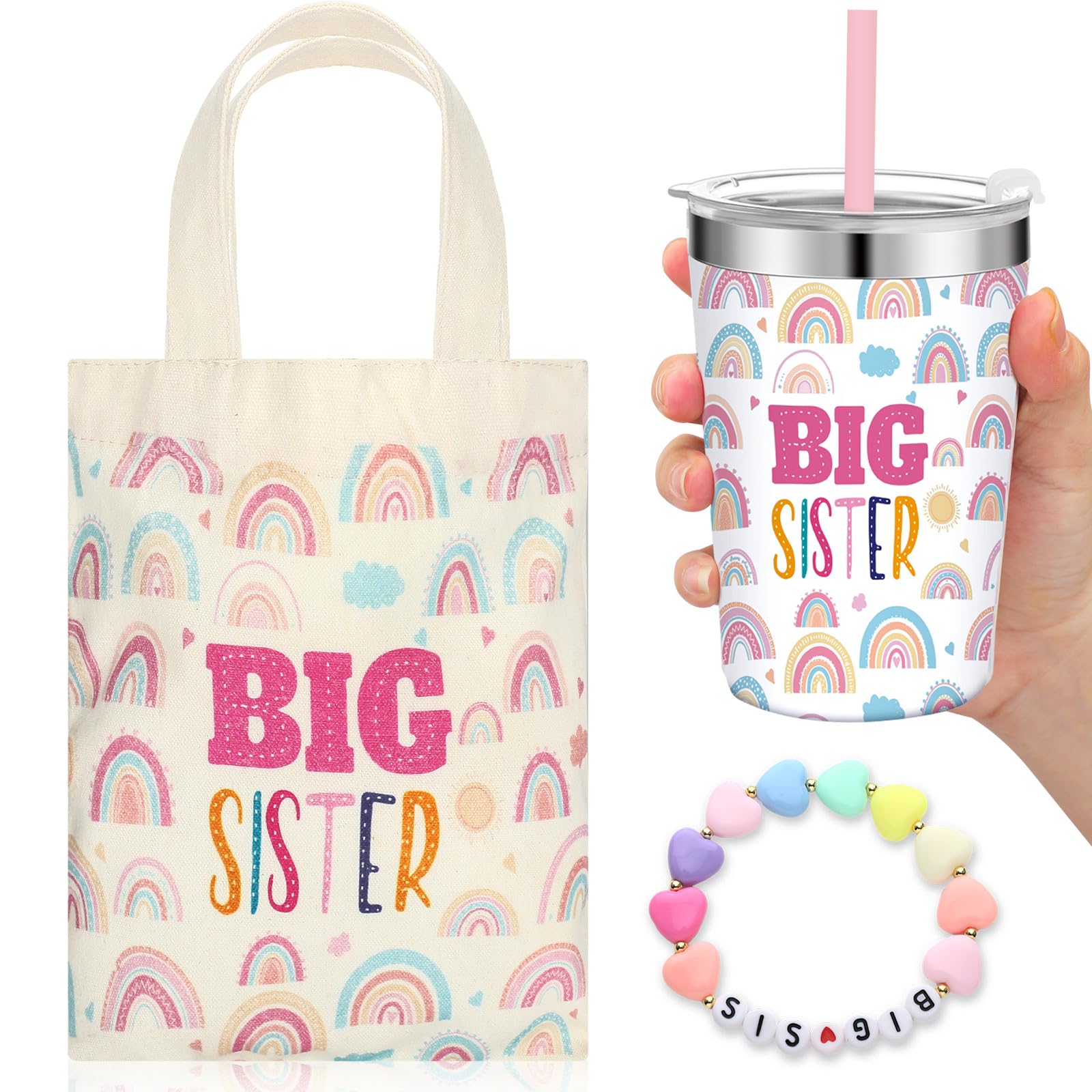 Shinylin 3 Pcs Big Sister Gift for Girls 12 oz Pink Big Sister Cup Stainless Steel Mug Vacuum Insulated Tumbler with Leak Proof Lid and Straw Big Sister Canvas Tote Bag and Bracelet for Little Girls