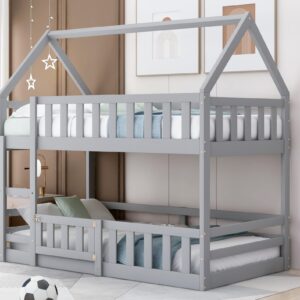 Harper & Bright Designs Twin Over Twin House Bunk Bed Frame for Boys Girls Kids Adults Toddler with Fence and Door, Gray