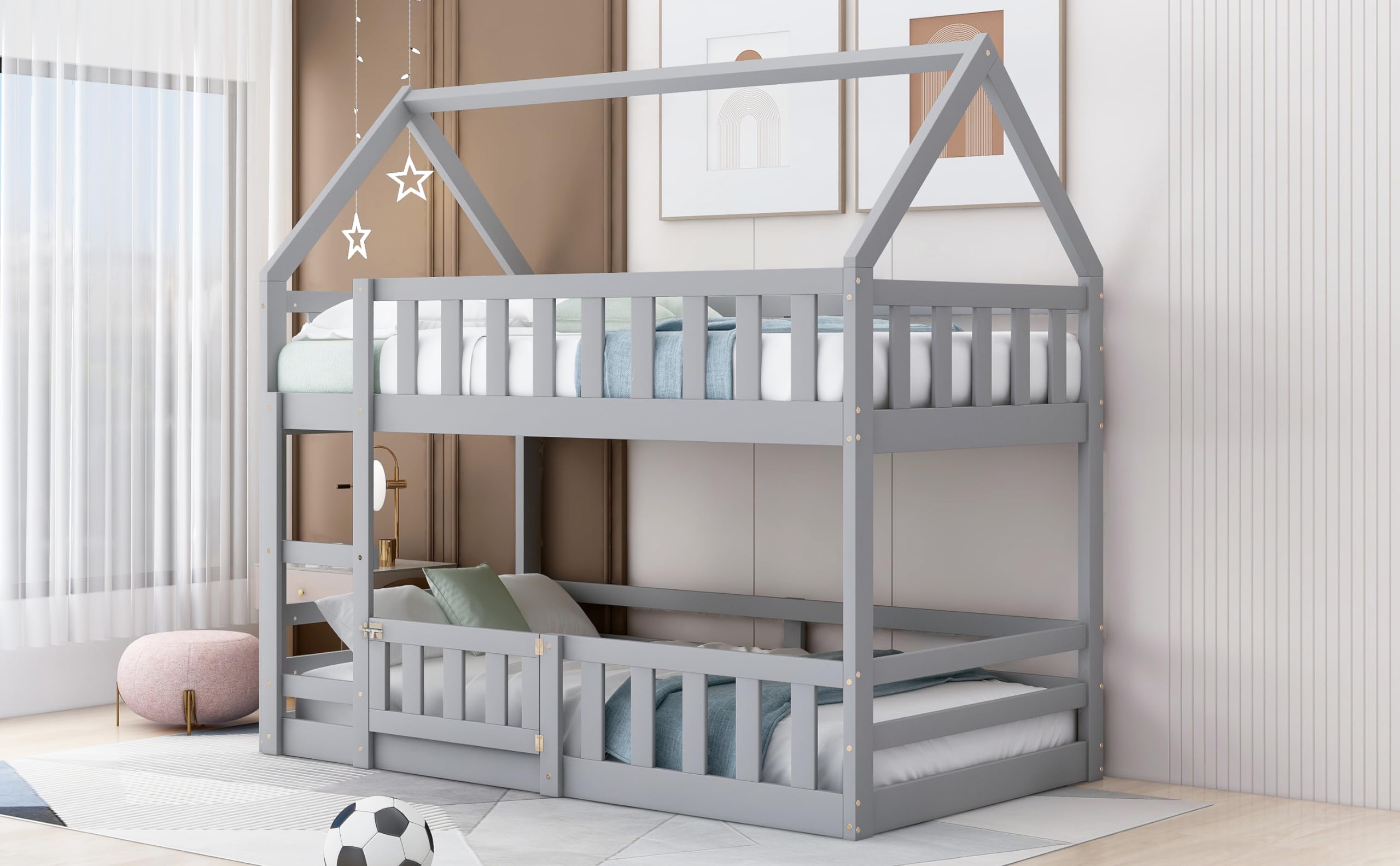 Harper & Bright Designs Twin Over Twin House Bunk Bed Frame for Boys Girls Kids Adults Toddler with Fence and Door, Gray