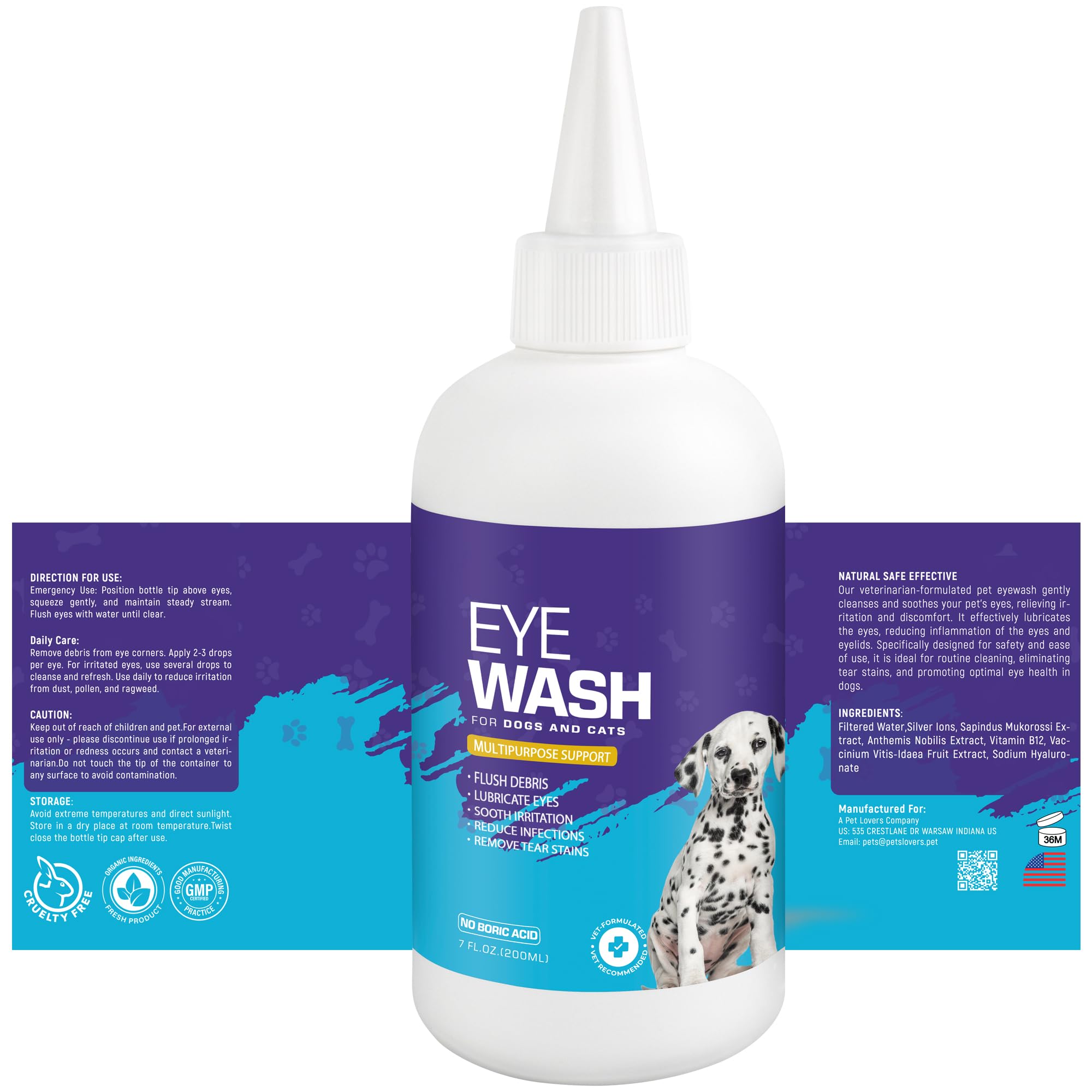 Spanielbuns Dog Eye Drops 200ml,All Natural Ingredients Eye Wash for Dogs and Cats, Cleanses Tear Stains,Goop Mucus, Improves Allergy Symptoms and Dry Eyes