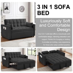 howcool 3 in 1 Convertible Sleeper Futon Sofa Bed with 2 Toss Pillows, 55 Inch Modern Velvet Small Loveseat Lounge Couch w/Reclining Backrest&Side Pockets for Living Room, Pull-Out Design, Pure Black