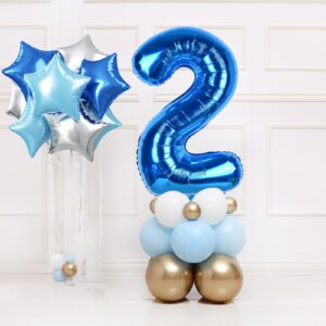 2nd Birthday Balloon for Boys, 40 Inch Balloon Number 2 Dark Blue, Large Foil Mylar Star Two Balloon Light Royal Blue Silver, Helium Globos Azules 2 Balloon for Birthday Graduation Party Decoration