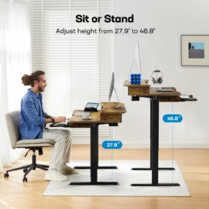 HUANUO 48" x 26" Electric Standing Desk with 2 Drawers & 26.7" Large Keyboard Tray, C-Clamp Mount Compatible, Adjustable Computer Desk for Home Office, Stand Up Desk with 4 Height Presets, Vintage