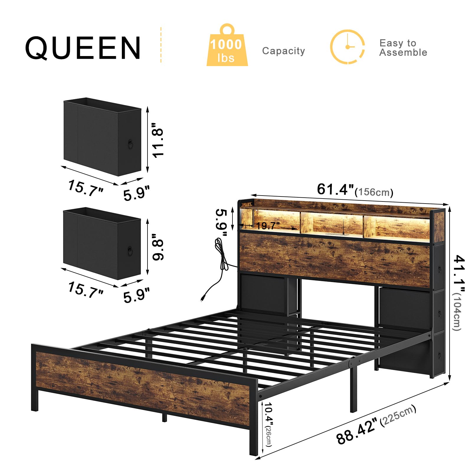 HAUSOURCE Queen Bed Frame with Bookcase Headboard and 6 Headboard Storage Drawers LED Lights Metal Platform Non-Slip Without Noise Metal Slats Support No Box Spring Needed