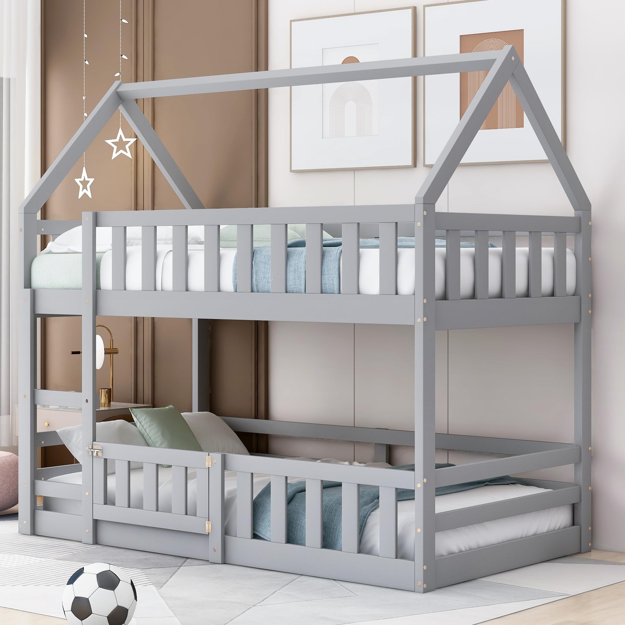 Harper & Bright Designs Twin Over Twin House Bunk Bed Frame for Boys Girls Kids Adults Toddler with Fence and Door, Gray