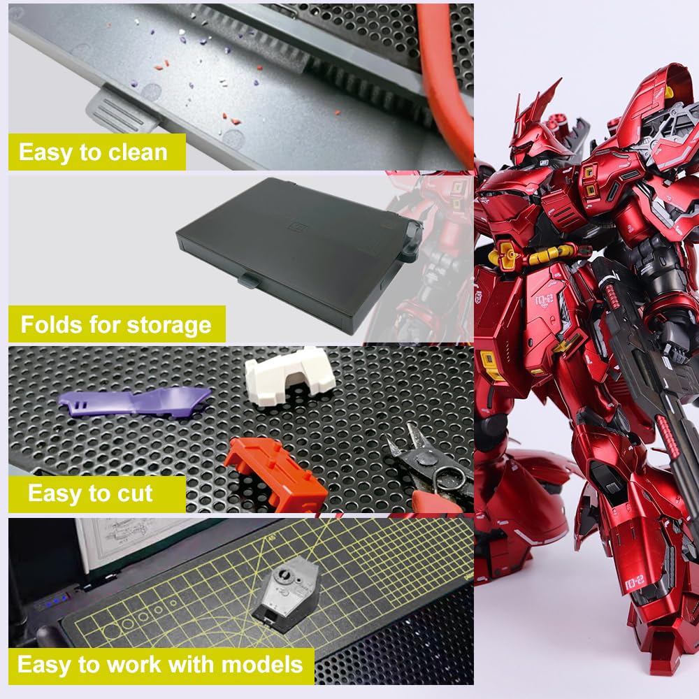 Model Building Kit, Portable Workbench for Gundam Cutting and Assembly, Model Kit Tools with LED Lights, Magnifiers, Plastic Storage Drawers, Pliers Holder, Gridded Adhesive Cut Mats, Display Panel