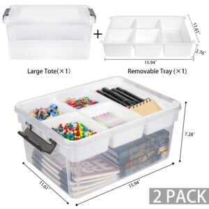 2 Pack 17 QT Plastic Storage Bins with Lids, Art Supply Storage Organizer with Removeable Tray, Clear Storage Box for Craft, Lego, Crayon, Sewing, Bead and Tool, Stackable Craft Organizer