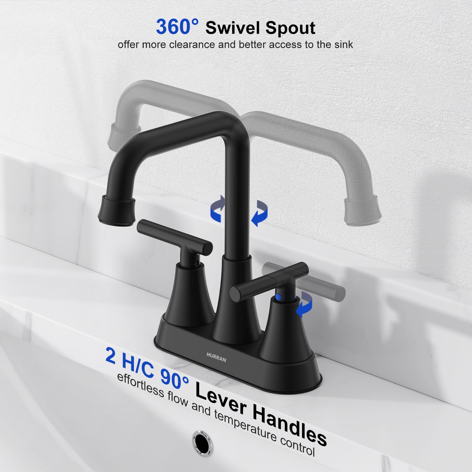 Matte Black Bathroom Sink Faucet, Hurran 4 inch Bathroom Faucets for Sink 3 Hole with Pop-up Drain and Supply Hoses, 360 Swivel Spout Centerset Faucet for Bathroom Sink Vanity RV Farmhouse, 2 Pack