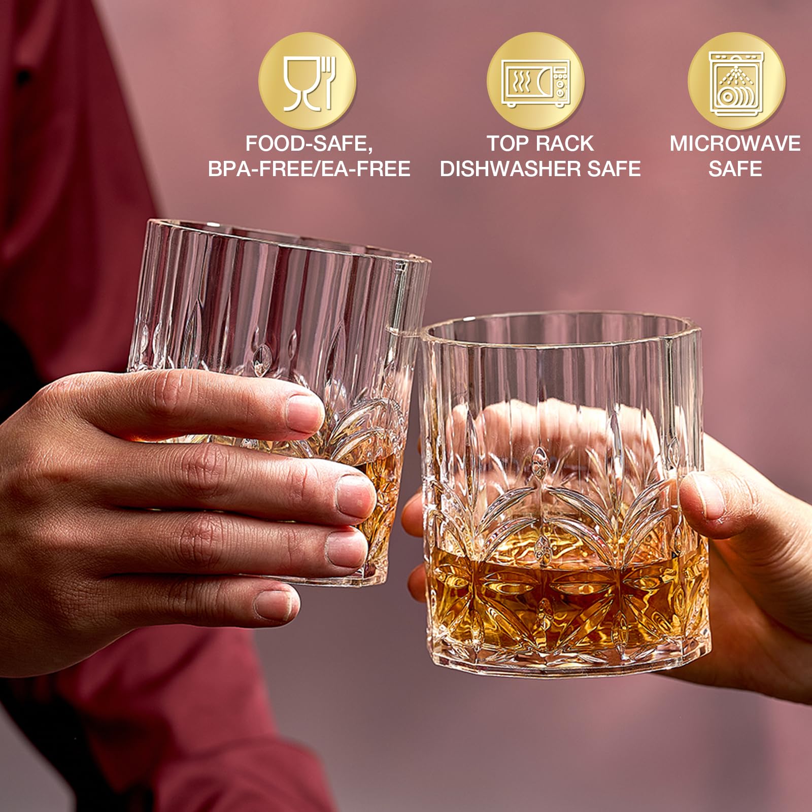 Hlukana Unbreakable Plastic Whiskey Glasses Set of 6, 14 Oz Old Fashioned Glasses for Scotch Cocktail Rum Bourbon Vodka Liquor, Unique Gifts for Men, Reusable, Clear, BPA-free, Dishwasher Safe