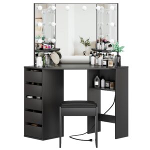 GAOMON Vanity Desk with Mirror and Lights, Corner Makeup Vanity Desk, Large Dressing Tables with Charging, 5 Drawers, Shelves and Vanity Stool, Black