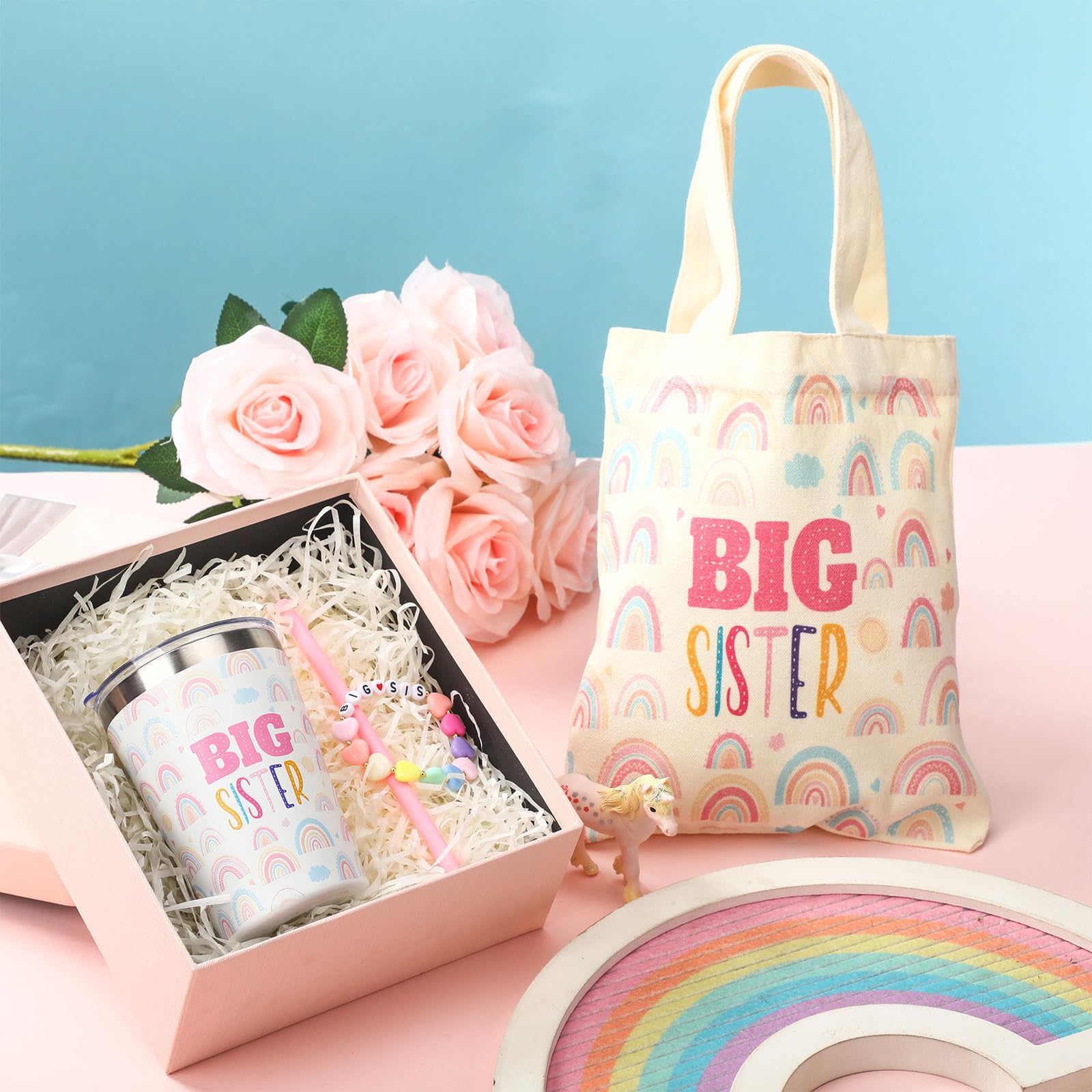 Shinylin 3 Pcs Big Sister Gift for Girls 12 oz Pink Big Sister Cup Stainless Steel Mug Vacuum Insulated Tumbler with Leak Proof Lid and Straw Big Sister Canvas Tote Bag and Bracelet for Little Girls