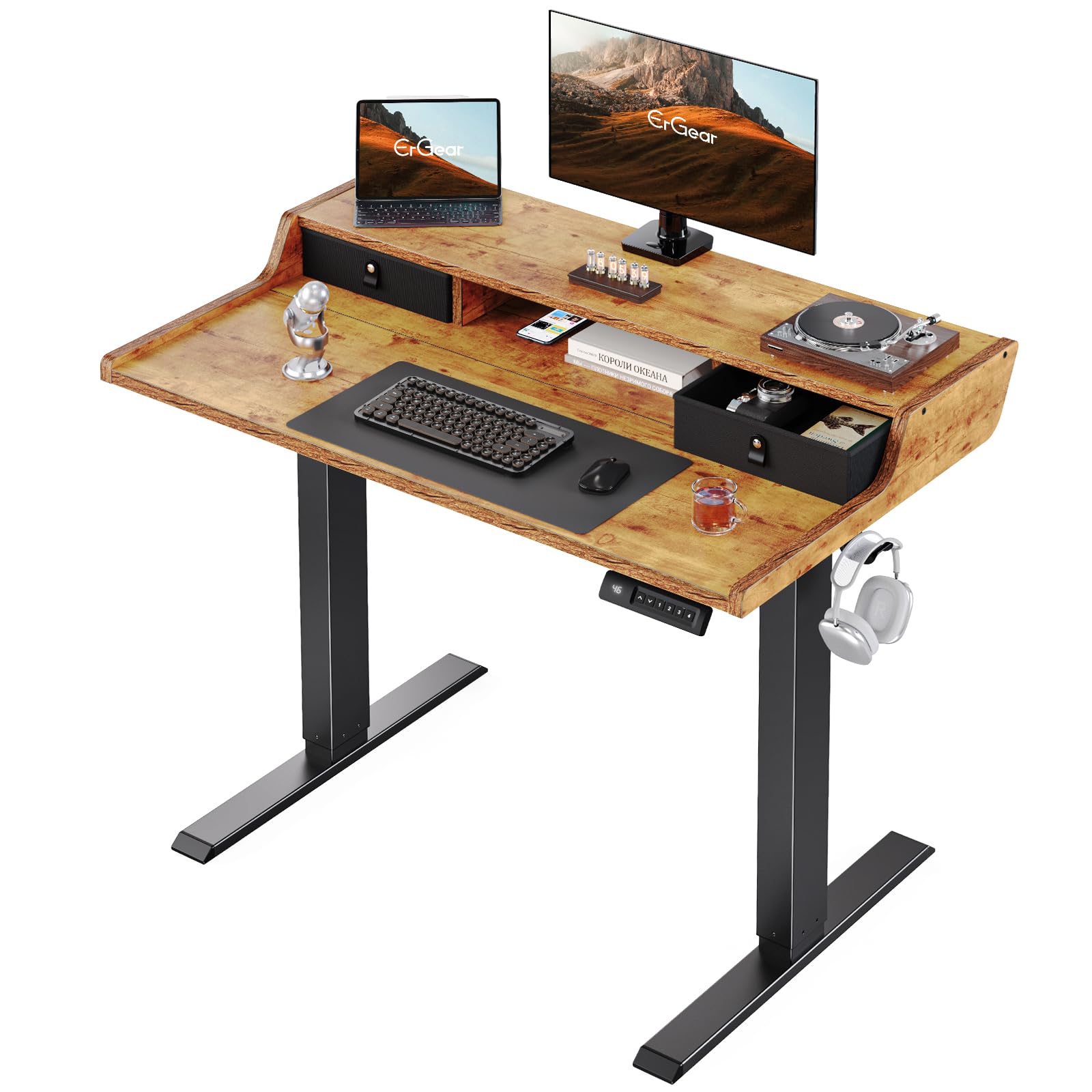 ErGear Electric Staning Desk with Drawers, 40x24 Small Gaming Desk with Monitor Stand, Stand up Desk, Home Office Height-Adjustable Desk with Storage Shelf, Vintage Brown, EGESD35V