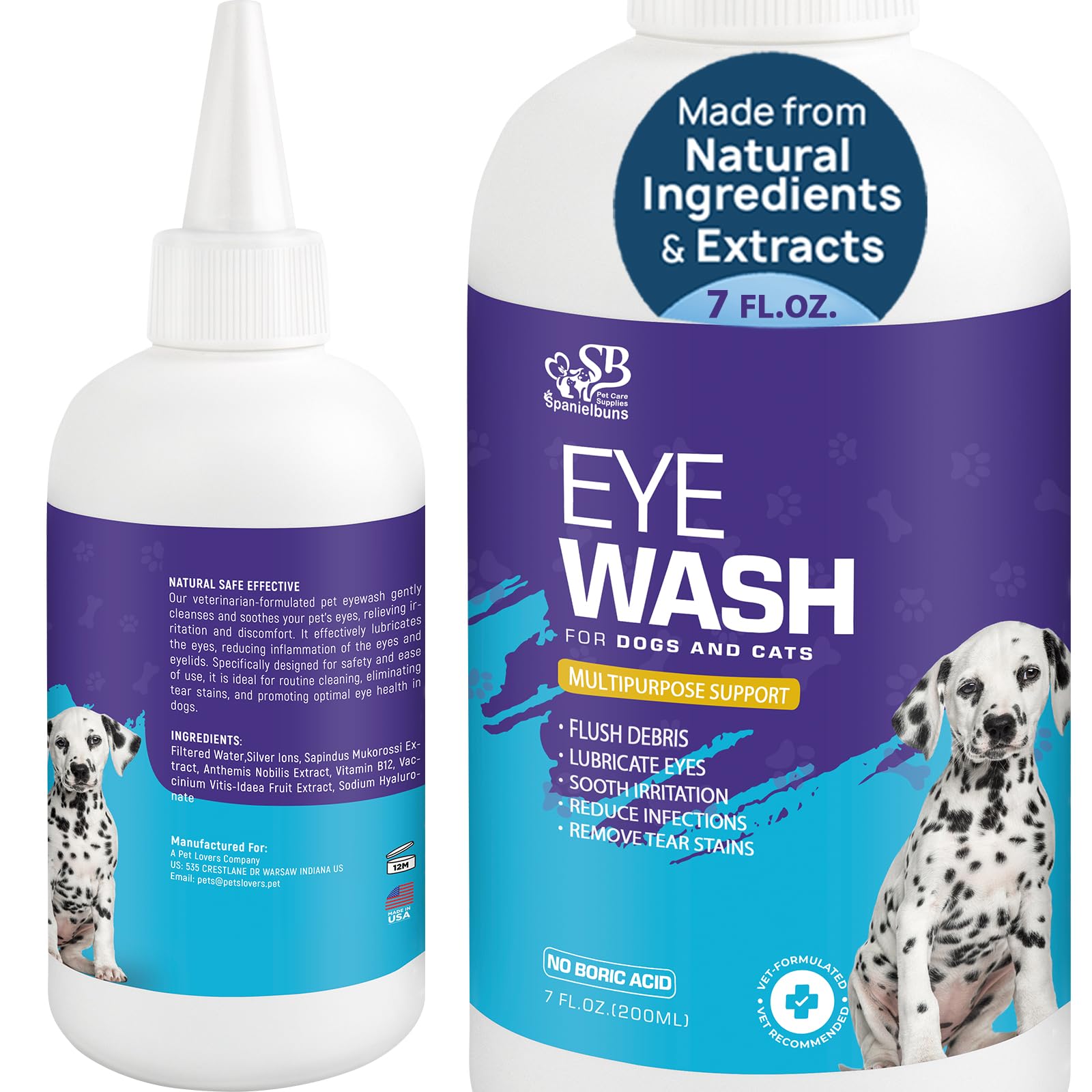 Spanielbuns Dog Eye Drops 200ml,All Natural Ingredients Eye Wash for Dogs and Cats, Cleanses Tear Stains,Goop Mucus, Improves Allergy Symptoms and Dry Eyes