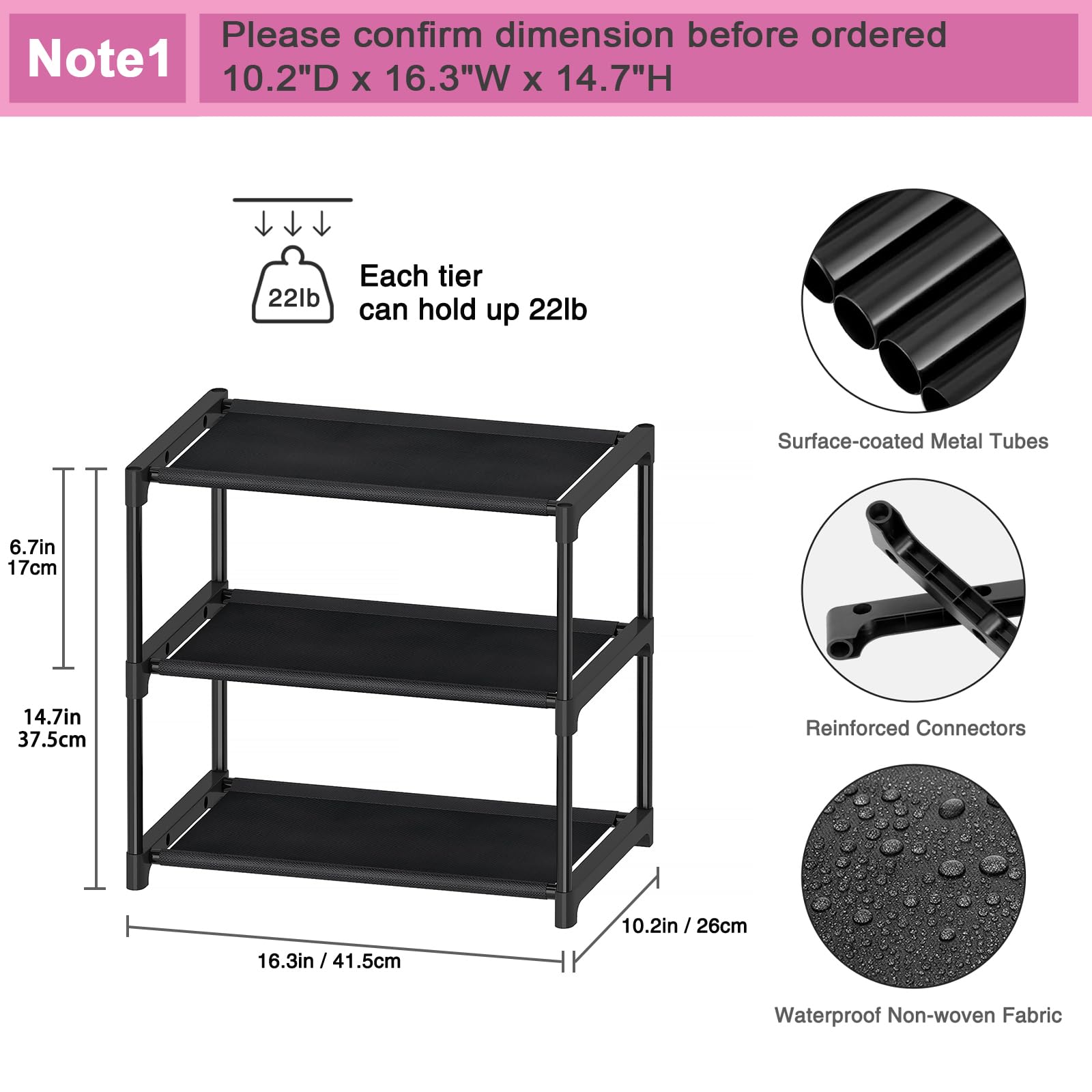 Autonomier 3 Tier Small Shoe Rack, Narrow Stackable Kids Toddler Adult Shoe Storage Organizer Shelf for Closet Floor Front Door Entrance Entryway, Free Standing Shoe Rack Organization Shelves