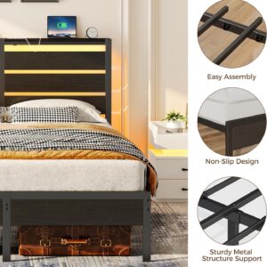 Rolanstar Bed Frame Twin Size with USB Charging Station, LED Bed Frame with Wood Storage Headboard, Black Metal Platform Bed with Under Bed Storage, No Box Spring Needed, Noise Free