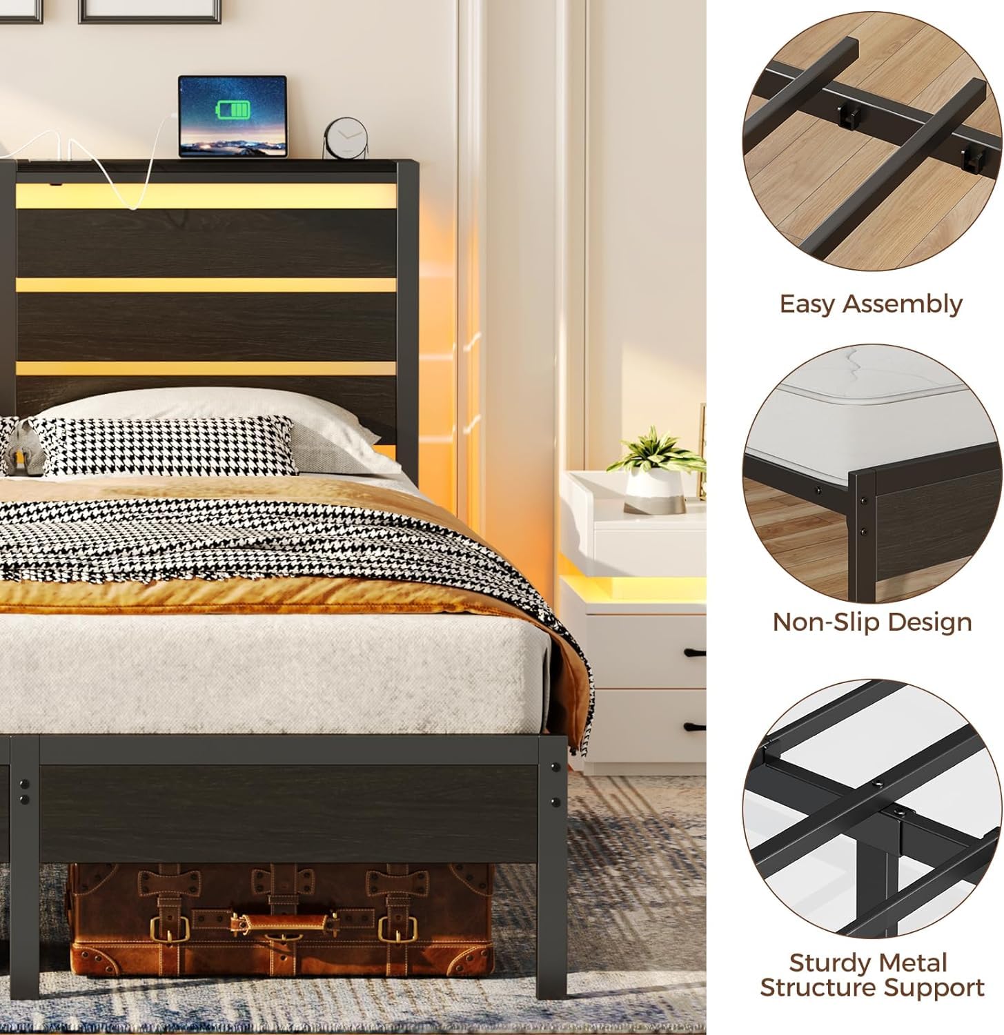 Rolanstar Bed Frame Twin Size with USB Charging Station, LED Bed Frame with Wood Storage Headboard, Black Metal Platform Bed with Under Bed Storage, No Box Spring Needed, Noise Free