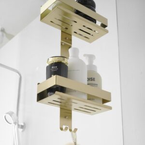 Beelee Over Door Shower Organizer：2 Tier Shower Caddy Hanging Brushed Gold Bathroom Organizer Shelf