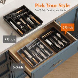 Lifewit Silverware Drawer Organizer Tray, Plastic Cutlery Storage for Kitchen Drawer, Flatware and Utensil Holder Divider for Spoons Forks Knives Tableware, 5 Compartment, Black