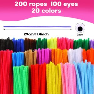 fulasiteu 200 pcs Multi-Color Pipe Cleaners and 100 pcs self-Adhesive Wiggle Eyes Sets for Crafts, Pipe Cleaners Bulk, Art and Craft Supplies, Chenille Stems, Pipe Cleaner for Crafts…