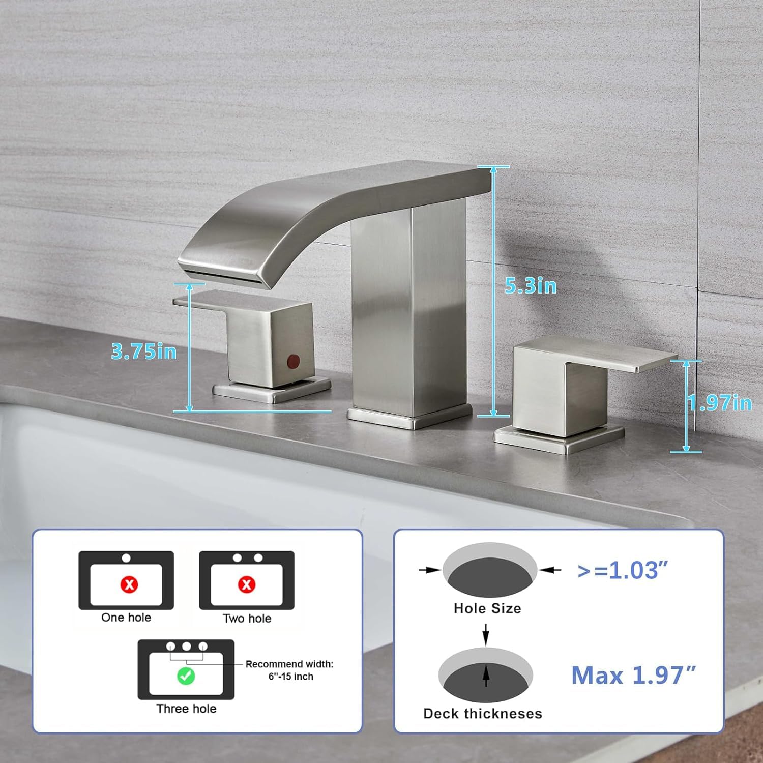 Kyatinsal LED Light Widespread Bathroom Faucets for Sink 3 Hole Waterfall -Bathroom Faucet with Pop-up Drain Assembly, 8 Inch Bathroom Sink Faucet 2-Handles,Modern Lavatory Vanity Faucet