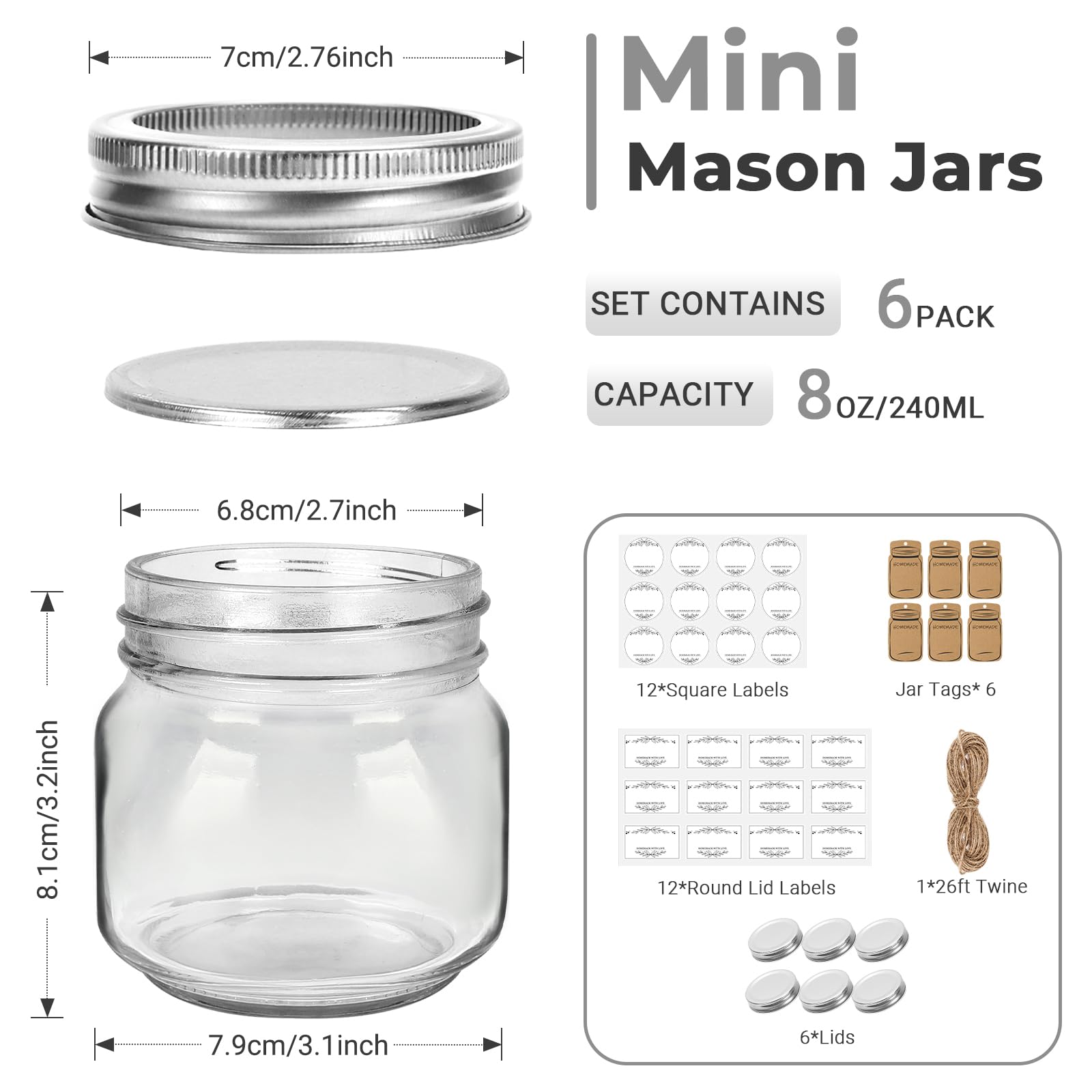 Eathtek Small Mason Jars 8oz/240ml with Regular Lids, 6 Pack Glass Canning Jars With Labels, Mini Glass Jars for Jam Jelly Spice Honey Herbs, Wedding Shower Favors Food Storage Candle Jars