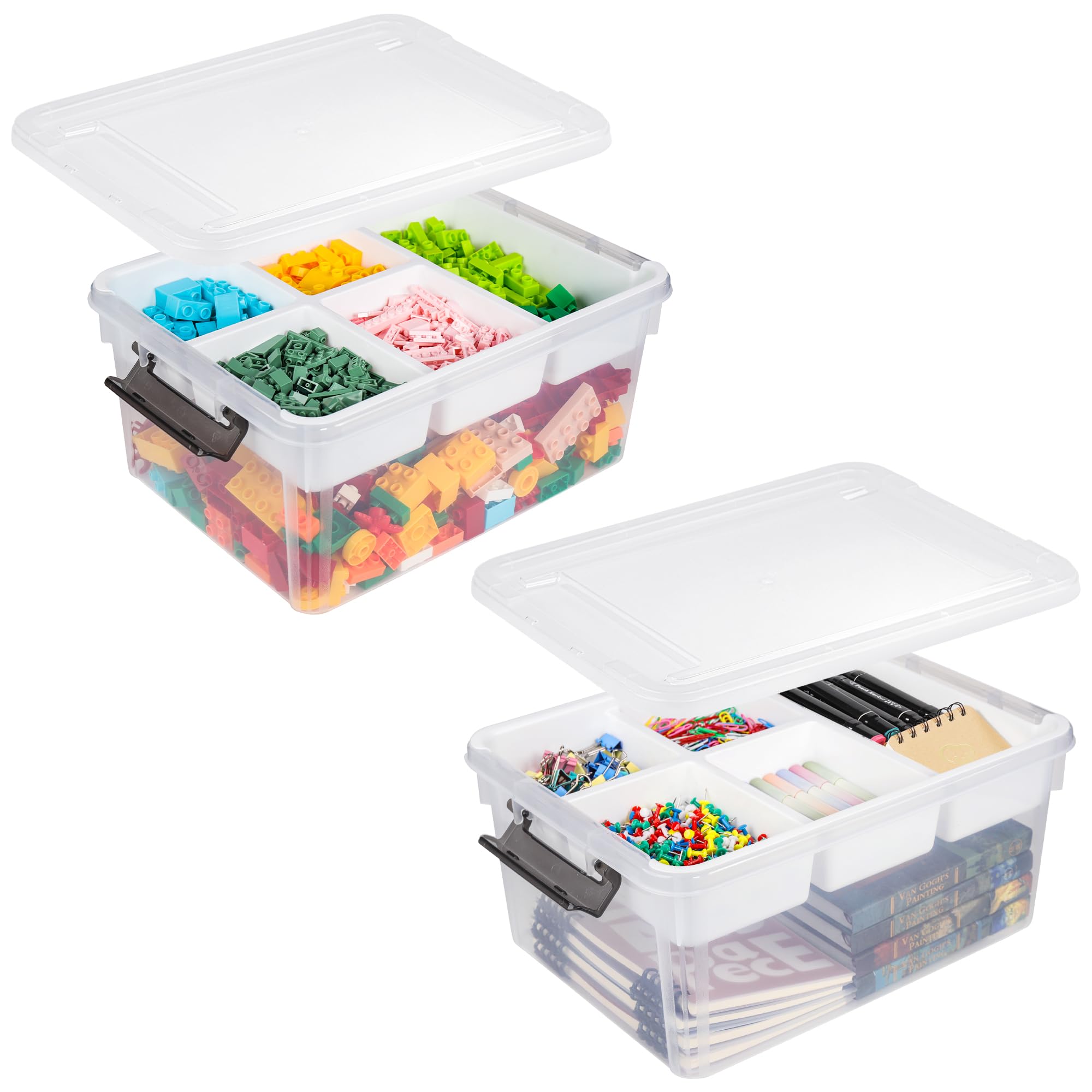 2 Pack 17 QT Plastic Storage Bins with Lids, Art Supply Storage Organizer with Removeable Tray, Clear Storage Box for Craft, Lego, Crayon, Sewing, Bead and Tool, Stackable Craft Organizer