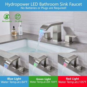 Kyatinsal LED Light Widespread Bathroom Faucets for Sink 3 Hole Waterfall -Bathroom Faucet with Pop-up Drain Assembly, 8 Inch Bathroom Sink Faucet 2-Handles,Modern Lavatory Vanity Faucet