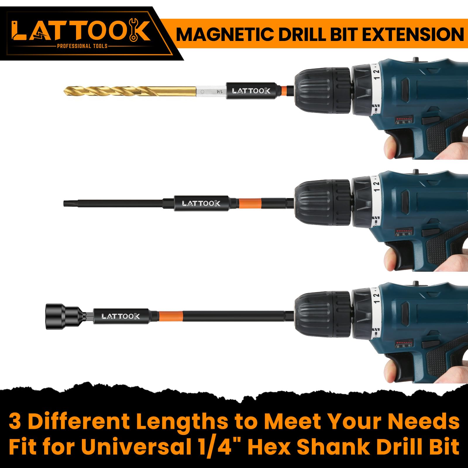 Drill Bit Extension Set, LATTOOK 6PCS Magnetic Drill Extension Bit Holder for Impact Driver, 1/4" Hex Shank Drill Bit Extender, 2.3'', 4'', 6'' Drill Bit Extension