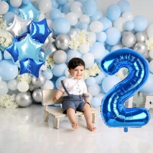 2nd Birthday Balloon for Boys, 40 Inch Balloon Number 2 Dark Blue, Large Foil Mylar Star Two Balloon Light Royal Blue Silver, Helium Globos Azules 2 Balloon for Birthday Graduation Party Decoration