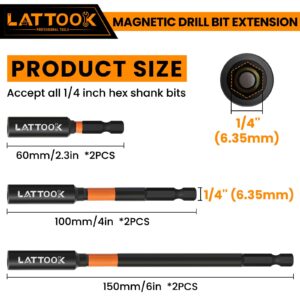 Drill Bit Extension Set, LATTOOK 6PCS Magnetic Drill Extension Bit Holder for Impact Driver, 1/4" Hex Shank Drill Bit Extender, 2.3'', 4'', 6'' Drill Bit Extension