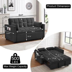 howcool 3 in 1 Convertible Sleeper Futon Sofa Bed with 2 Toss Pillows, 55 Inch Modern Velvet Small Loveseat Lounge Couch w/Reclining Backrest&Side Pockets for Living Room, Pull-Out Design, Pure Black