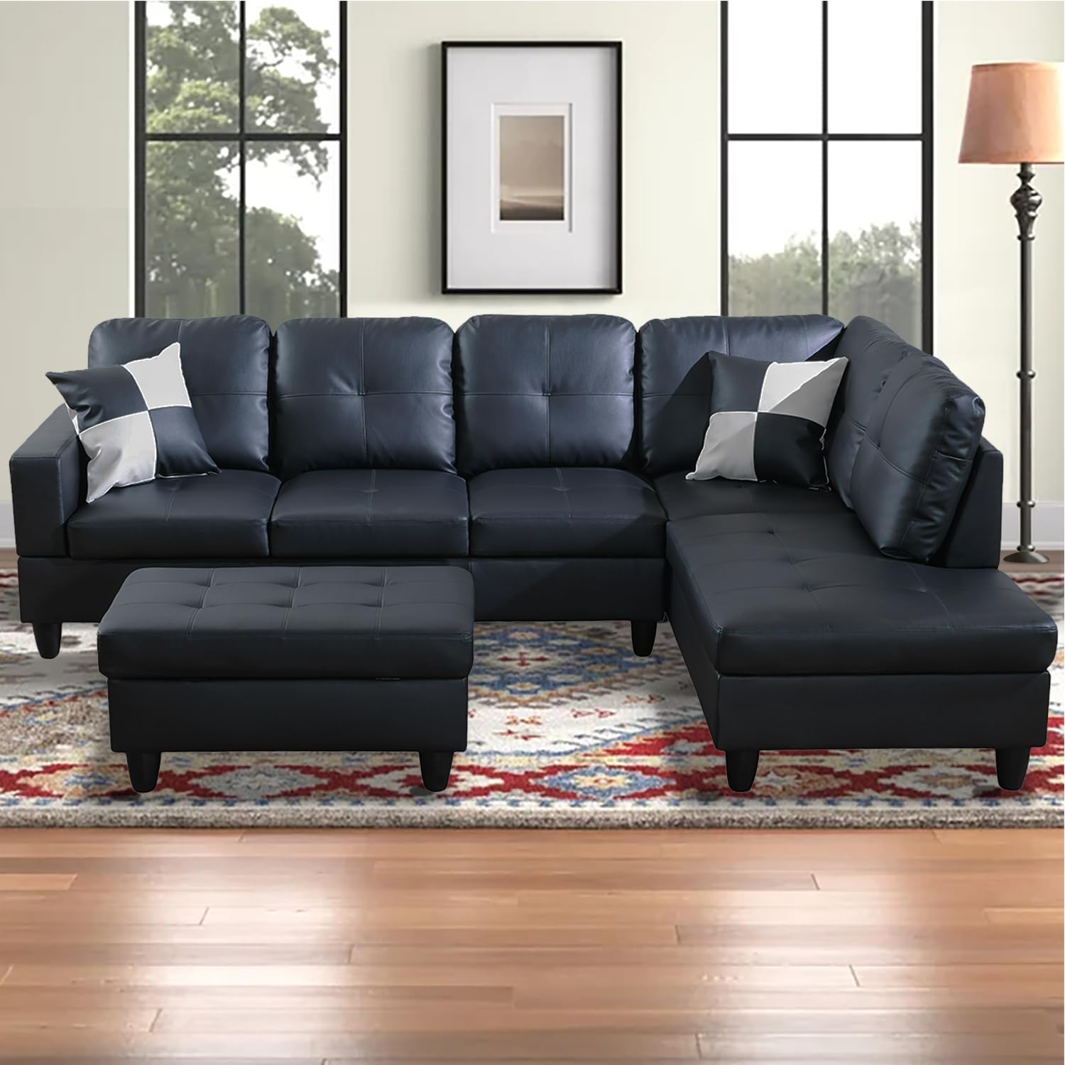 Caberryne Sectional Couch for Living Room Furniture Sets,Black Leather Sectional Sofa L Shape Couch with Chaise and Storage Ottoman for Living Room/Apartment/Office（Facing Right Chaise）