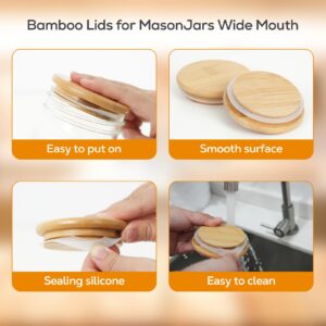 JSATFUL Mason Jar Bamboo Lids, 86mm/3.4 inch Natural Wooden Mason Jar Lids, Food Grade Material Silicone Sealing, 100% Fit and Airtight for Wide Mouth Mason Jars (6PCS Wide Lids)