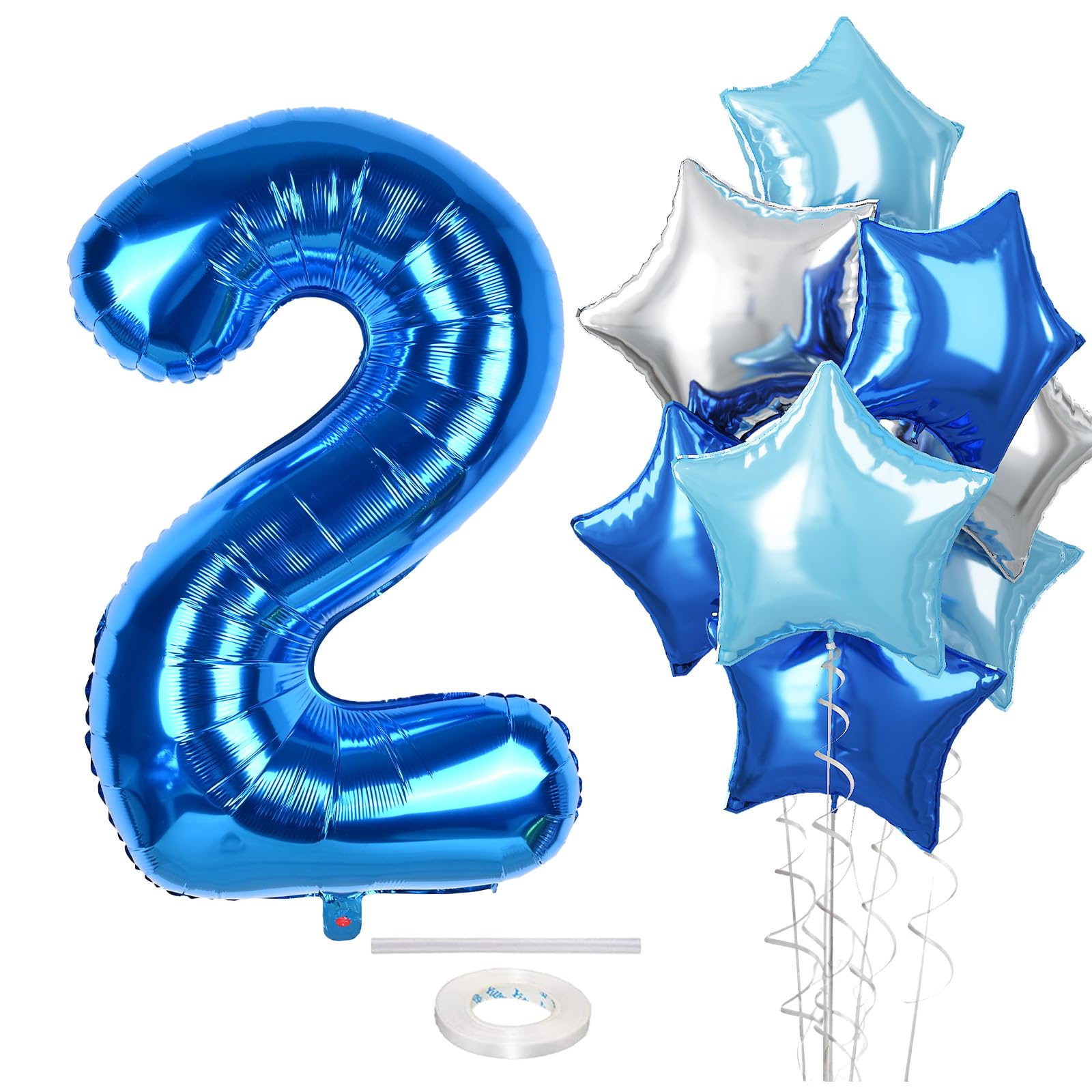 2nd Birthday Balloon for Boys, 40 Inch Balloon Number 2 Dark Blue, Large Foil Mylar Star Two Balloon Light Royal Blue Silver, Helium Globos Azules 2 Balloon for Birthday Graduation Party Decoration