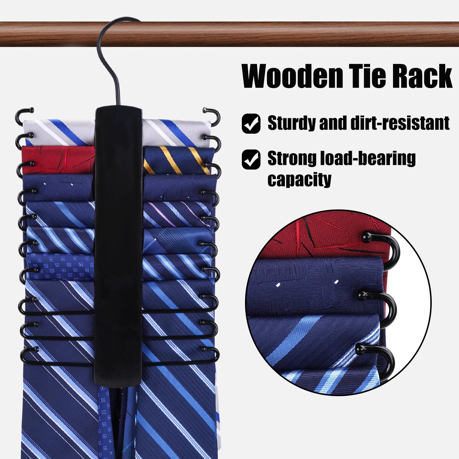 JOHOUSE Wooden Tie Rack, Tie Hanger for Men Closet 20 Hooks 360 Degree Rotating Tie Organizer Hanging Space Saving Holder for Belt Scarf Tie Black