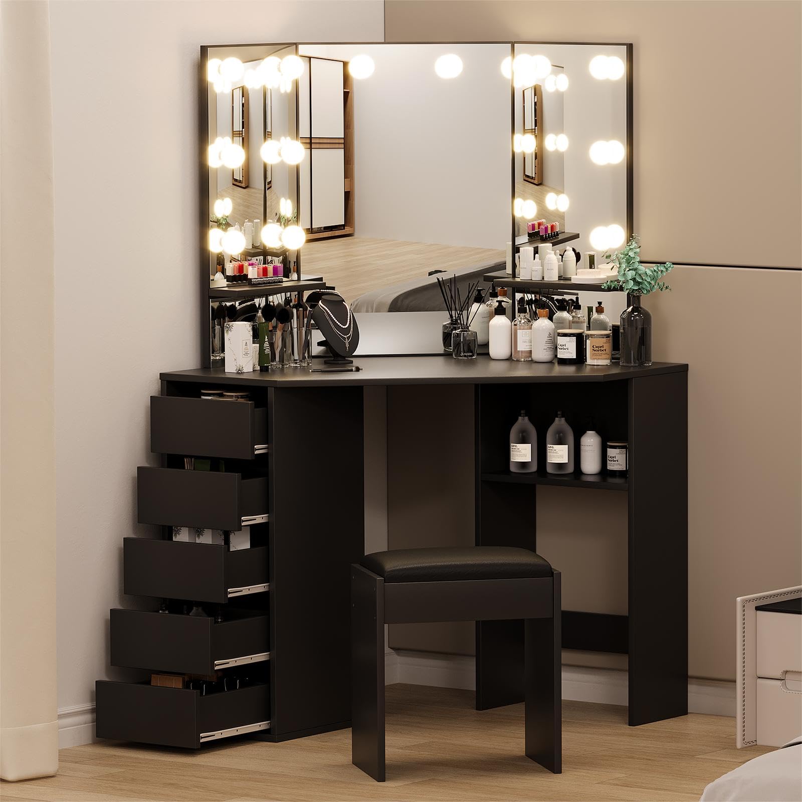 GAOMON Vanity Desk with Mirror and Lights, Corner Makeup Vanity Desk, Large Dressing Tables with Charging, 5 Drawers, Shelves and Vanity Stool, Black