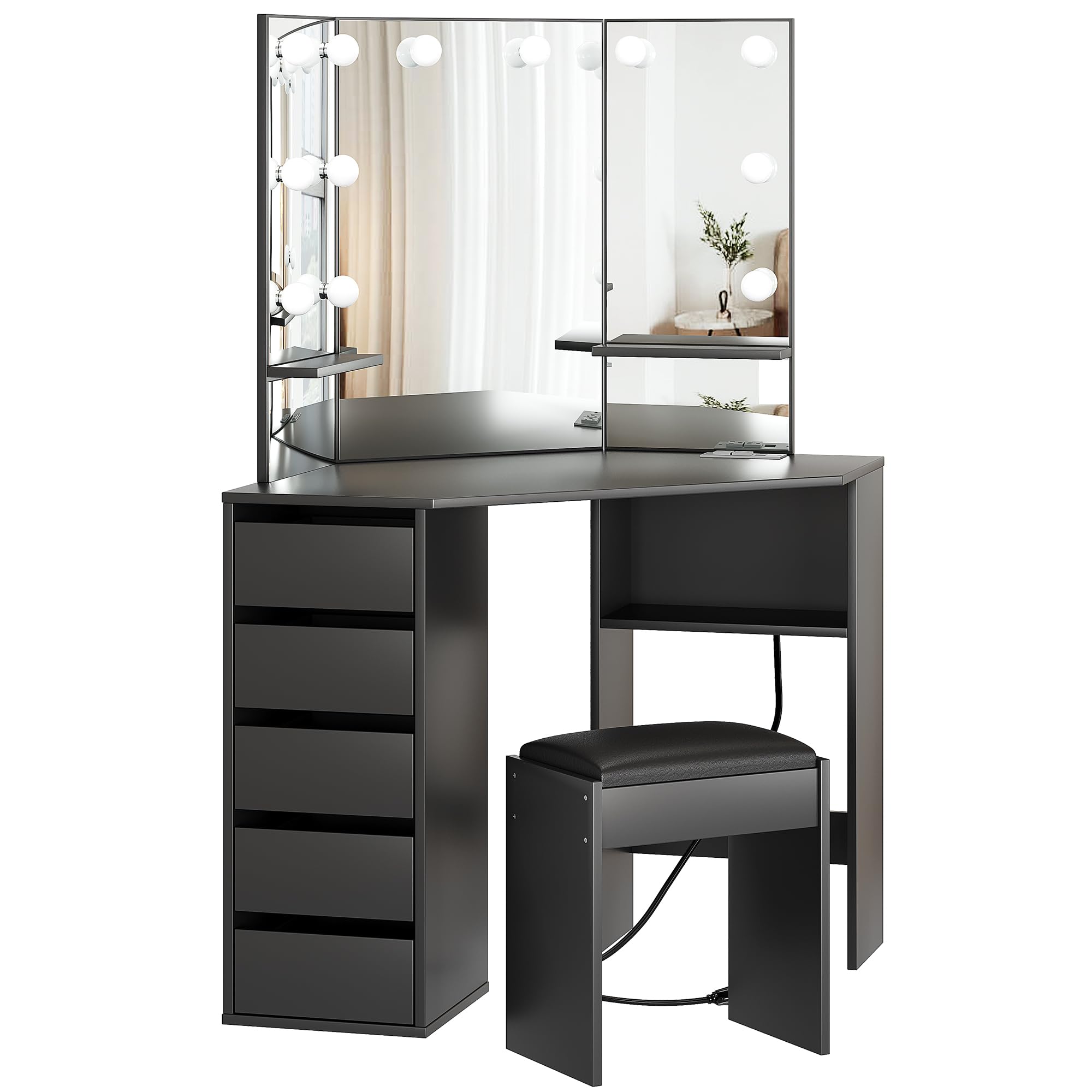 GAOMON Vanity Desk with Mirror and Lights, Corner Makeup Vanity Desk, Large Dressing Tables with Charging, 5 Drawers, Shelves and Vanity Stool, Black