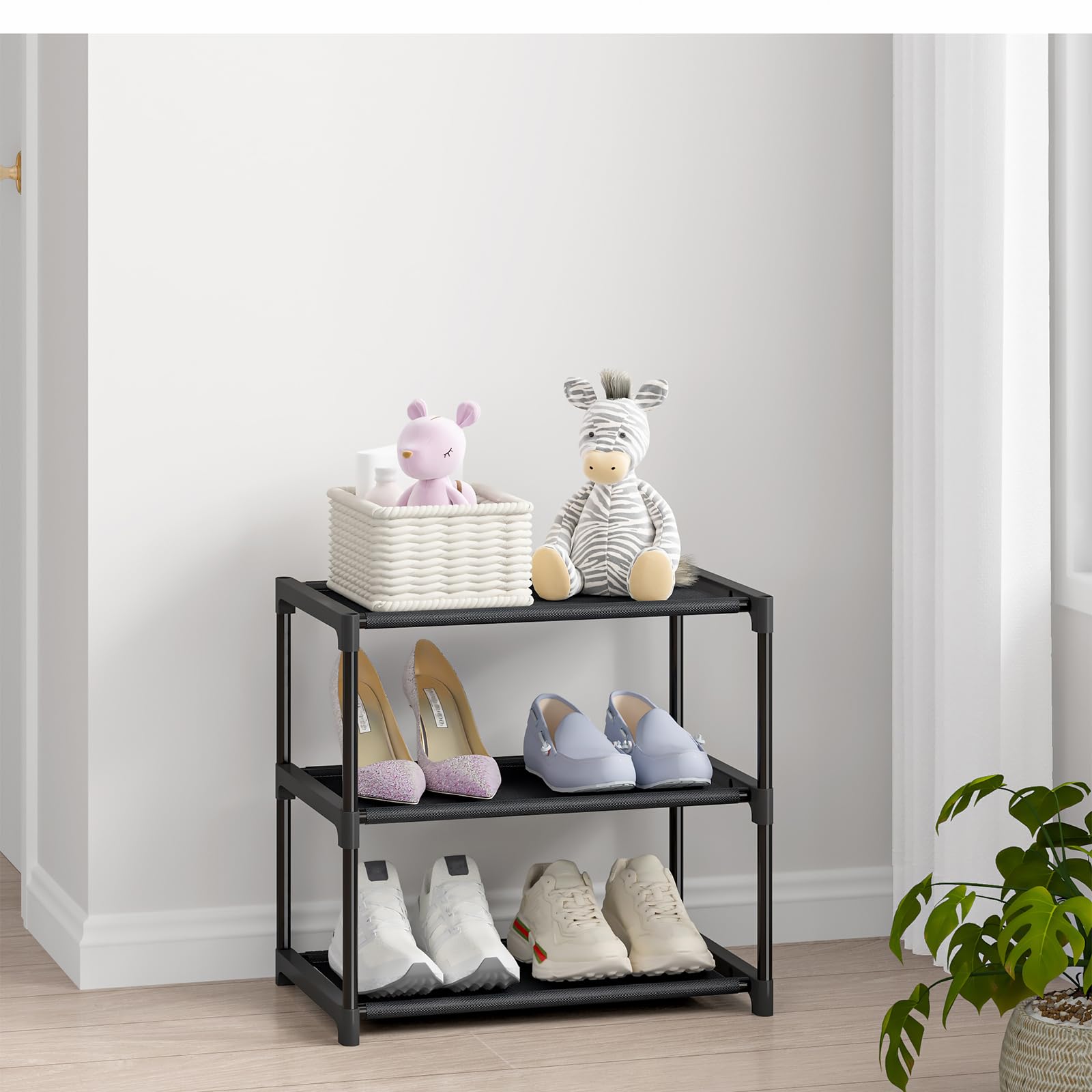 Autonomier 3 Tier Small Shoe Rack, Narrow Stackable Kids Toddler Adult Shoe Storage Organizer Shelf for Closet Floor Front Door Entrance Entryway, Free Standing Shoe Rack Organization Shelves