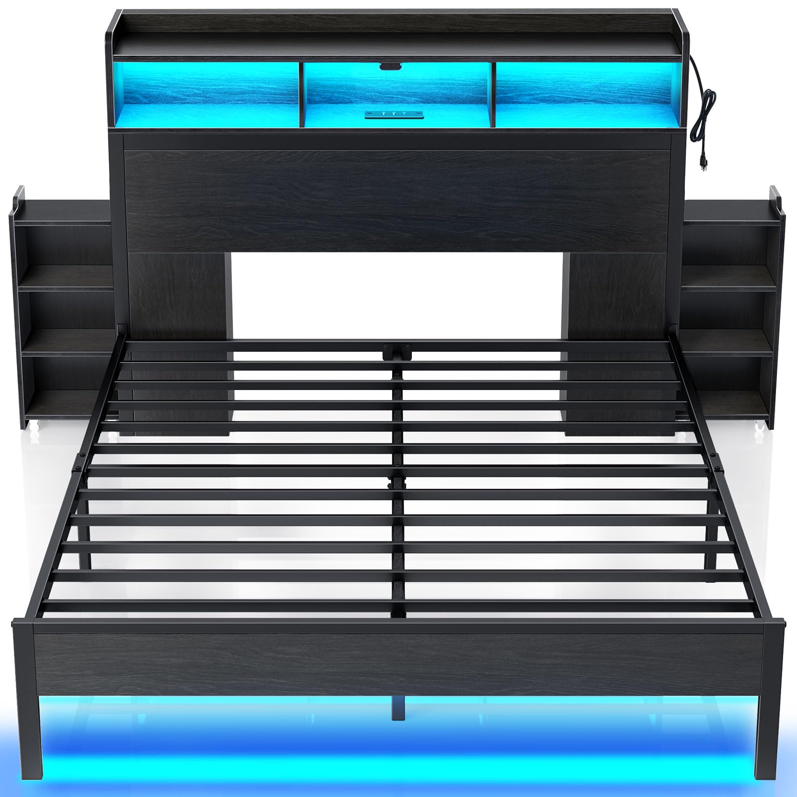 Rolanstar Bed Frame Queen Size with Bookcase Storage Headboard, Slide Out Bedside Storage, Bed with Charging Station & LED Lights, Heavy Duty Metal Slats, No Box Spring Needed, Noise Free, Black