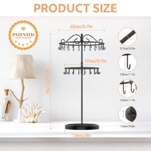 iDavosic.ly 2 Tier Rotating Necklace Organizer, Adjustable Metal Necklace Holder with 42 Hooks, Extra Tall Bracelet Keychain Spinning Display Stand Tree Tower for Women Girl, Black