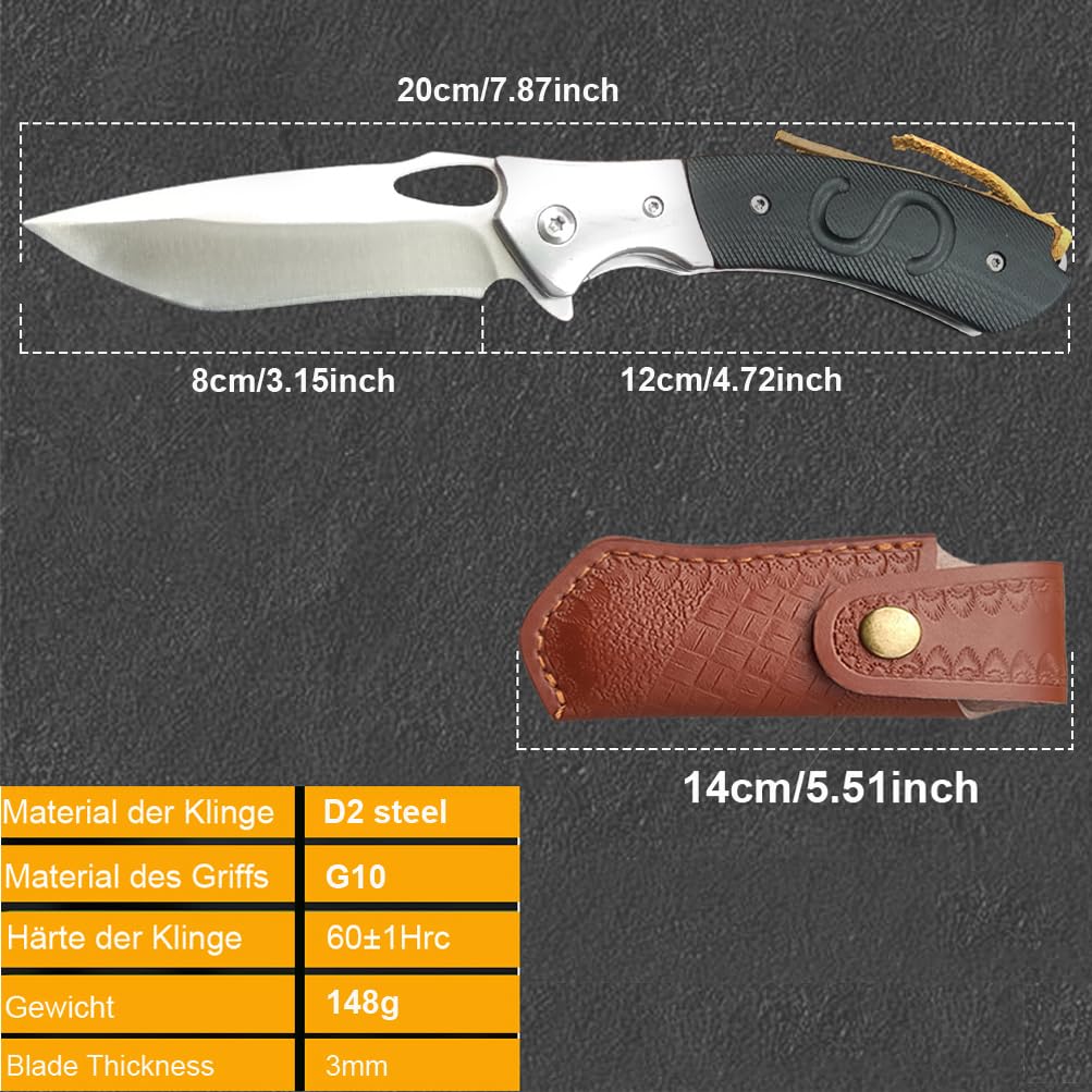 wellsure Pocket Knife, D2 Steel Folding Knife with Clip, G10 Handle, Safety Liner Lock, Sharp Pocket Knives, Survival Knife for Hiking Camping Gifts