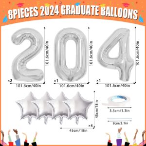 8 Pcs 2024 Balloons Graduation Class of 2024 Silver Number Balloons and Star Mylar Foil Balloons 40 Inch Silver Graduation Decorations, High School College Graduation Party Decorations Supplies