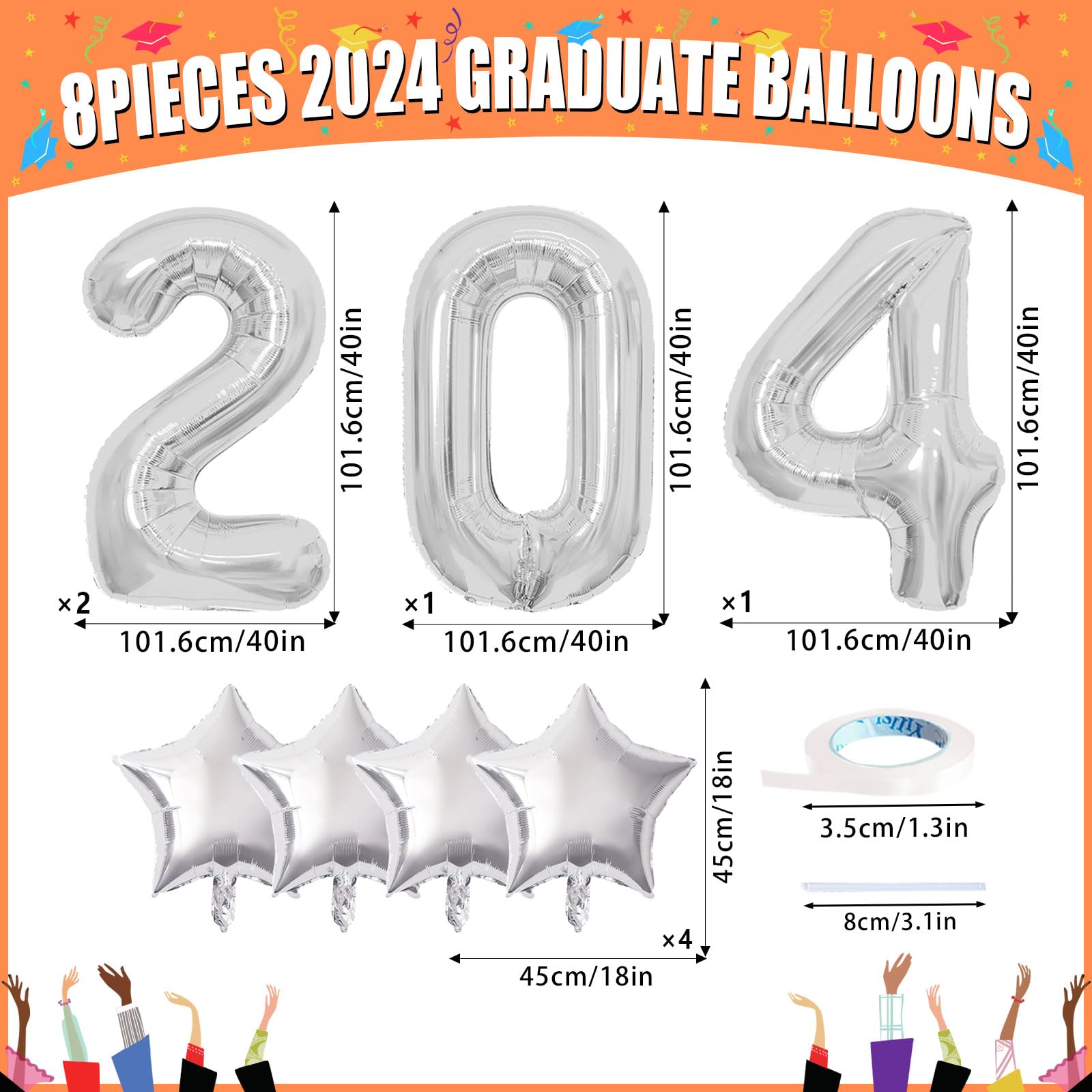 8 Pcs 2024 Balloons Graduation Class of 2024 Silver Number Balloons and Star Mylar Foil Balloons 40 Inch Silver Graduation Decorations, High School College Graduation Party Decorations Supplies